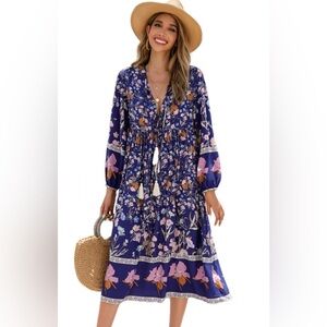 R.Vivimos Women's Long Sleeve Floral Print,  Tassel Bohemian Midi Dresses - SM